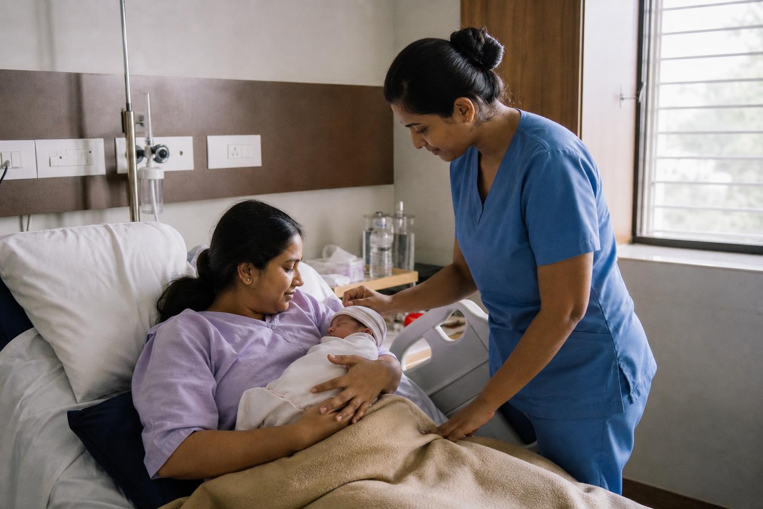 A nurse caring for a mother and her newborn